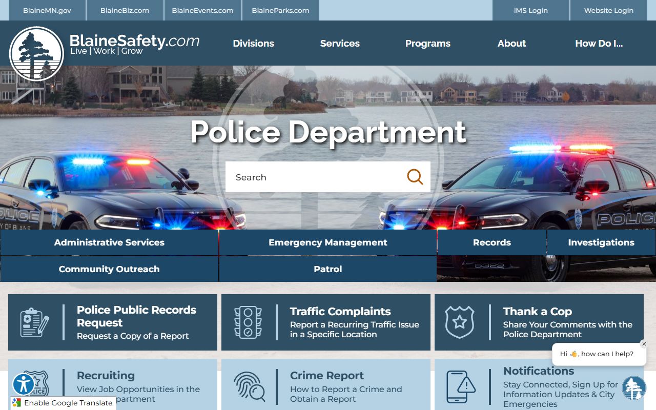 Blaine Police Department website for arrest records access