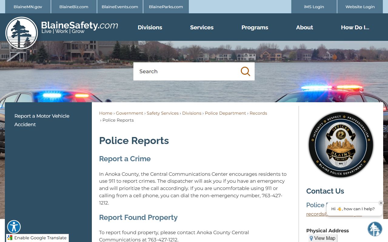 Blaine Police reports page for arrest records and incident reports