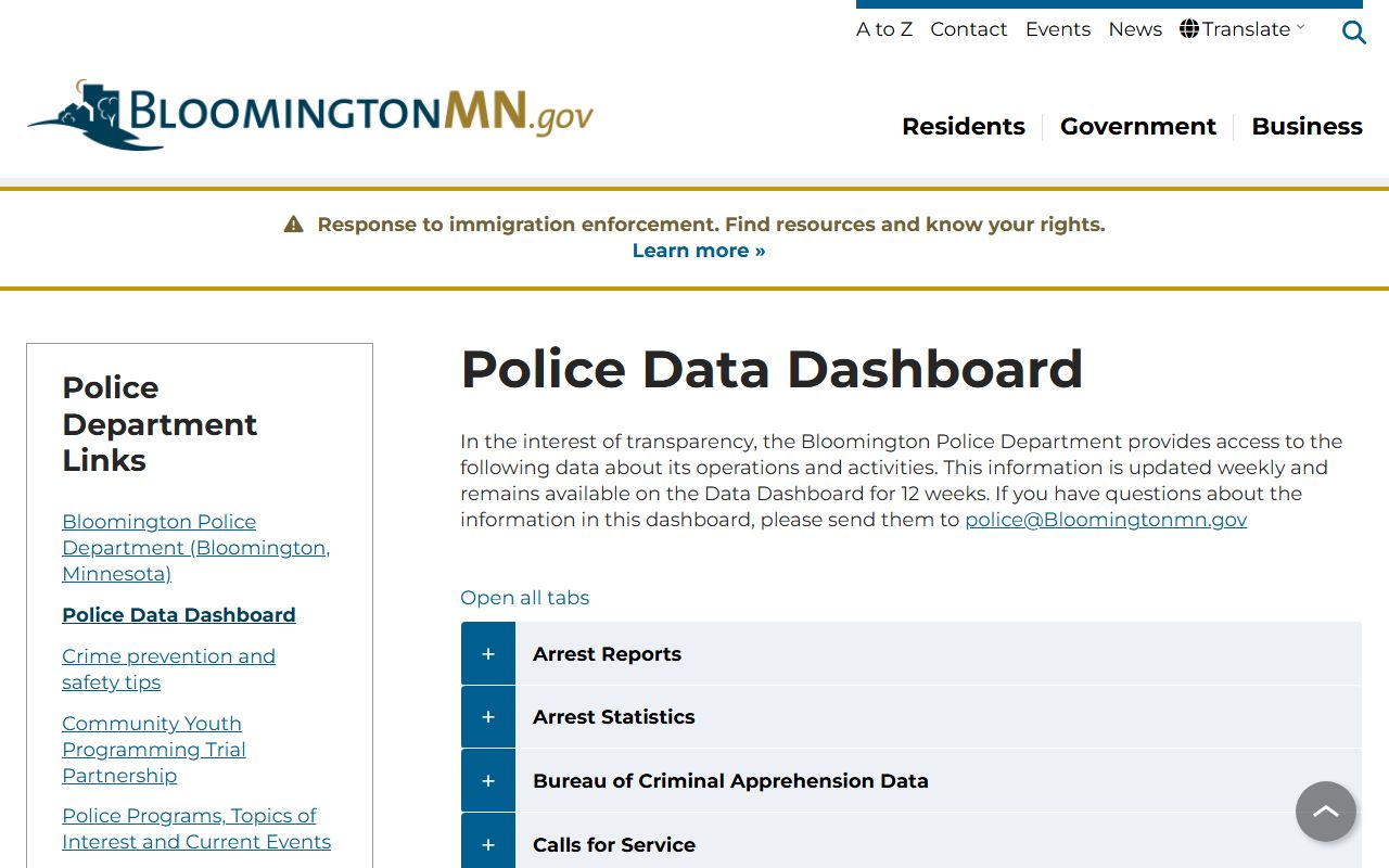 Bloomington police data dashboard showing arrest statistics