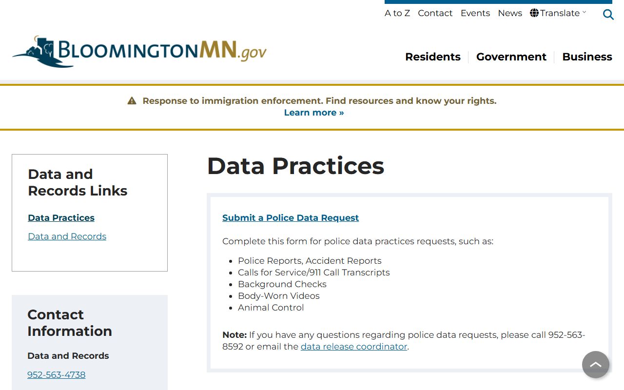 Bloomington data practices page for public records requests