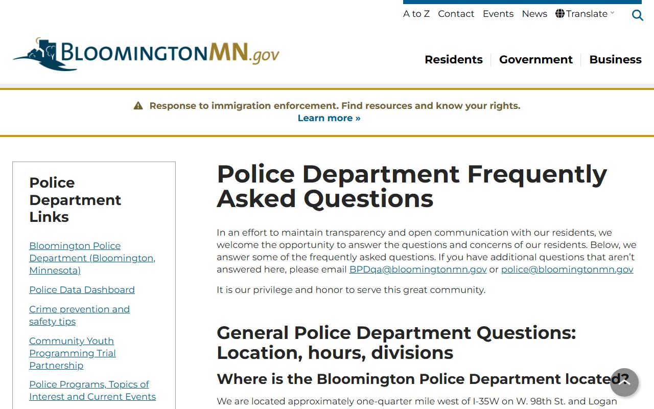 Bloomington Police Department records FAQ page