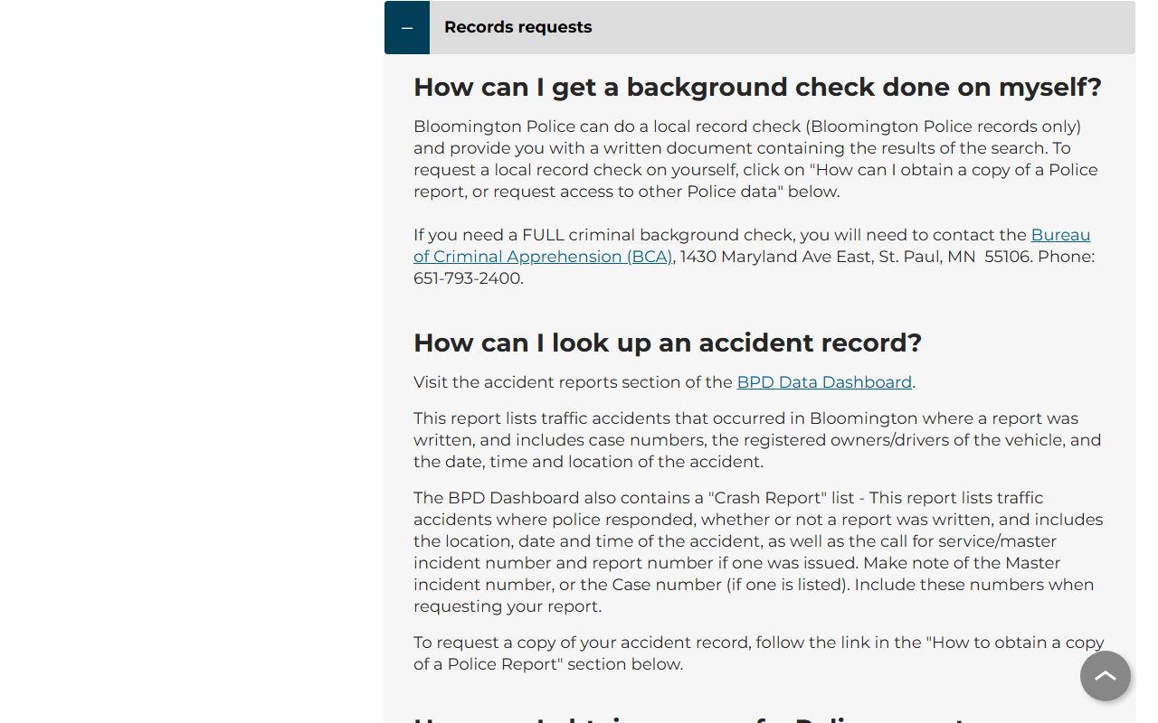 Bloomington police records requests page for arrest data