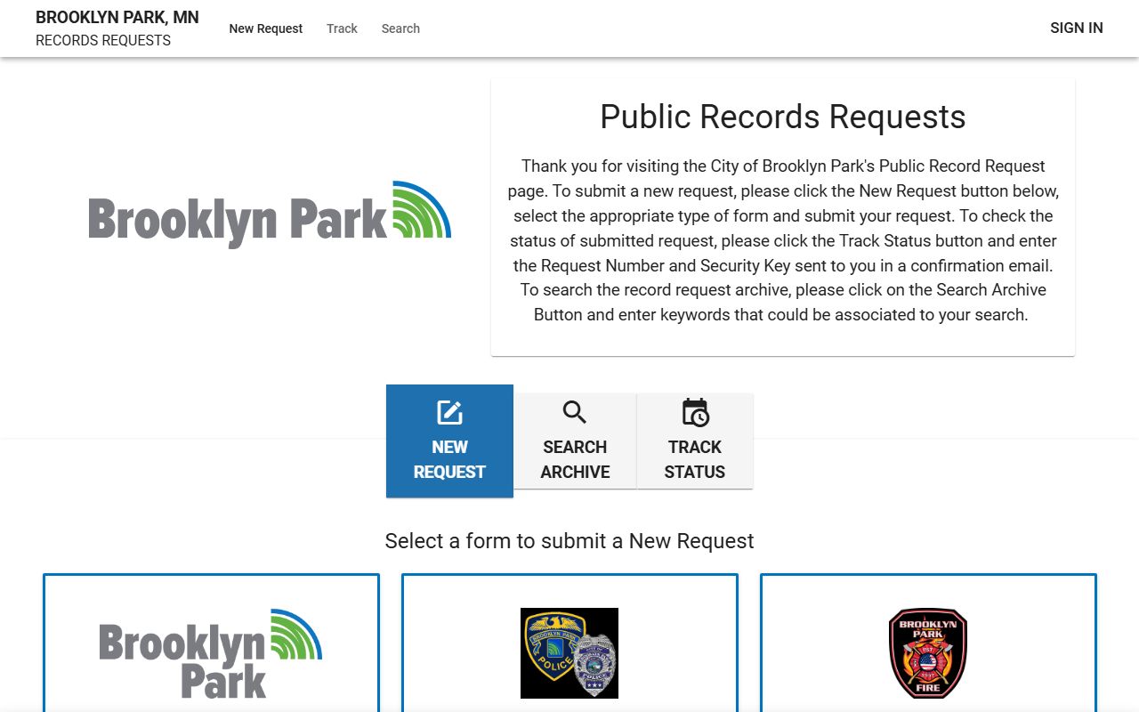 Brooklyn Park JustFOIA portal for arrest records requests