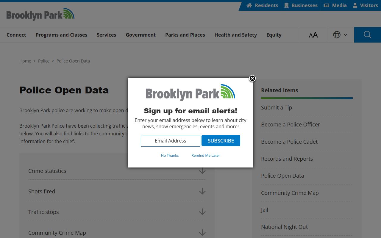 Brooklyn Park open data portal with crime statistics and arrest data