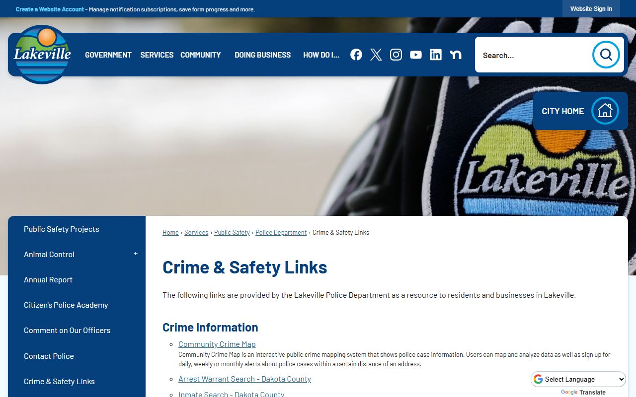 Lakeville crime safety links page for public safety resources