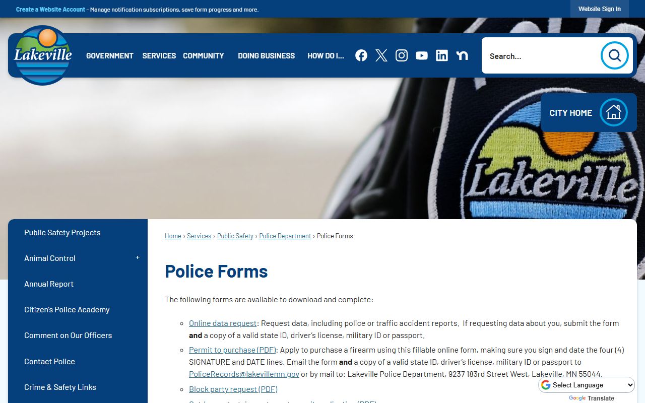 Lakeville Police Department forms page for records requests