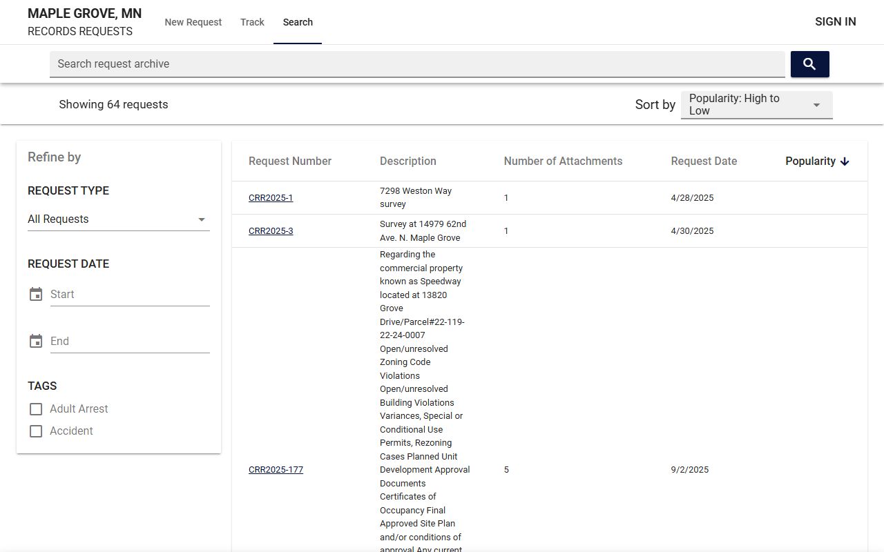 Maple Grove police records requests status page in JustFOIA