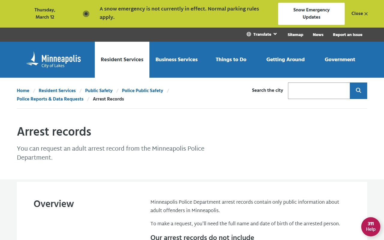 Minneapolis MPD arrest records request page