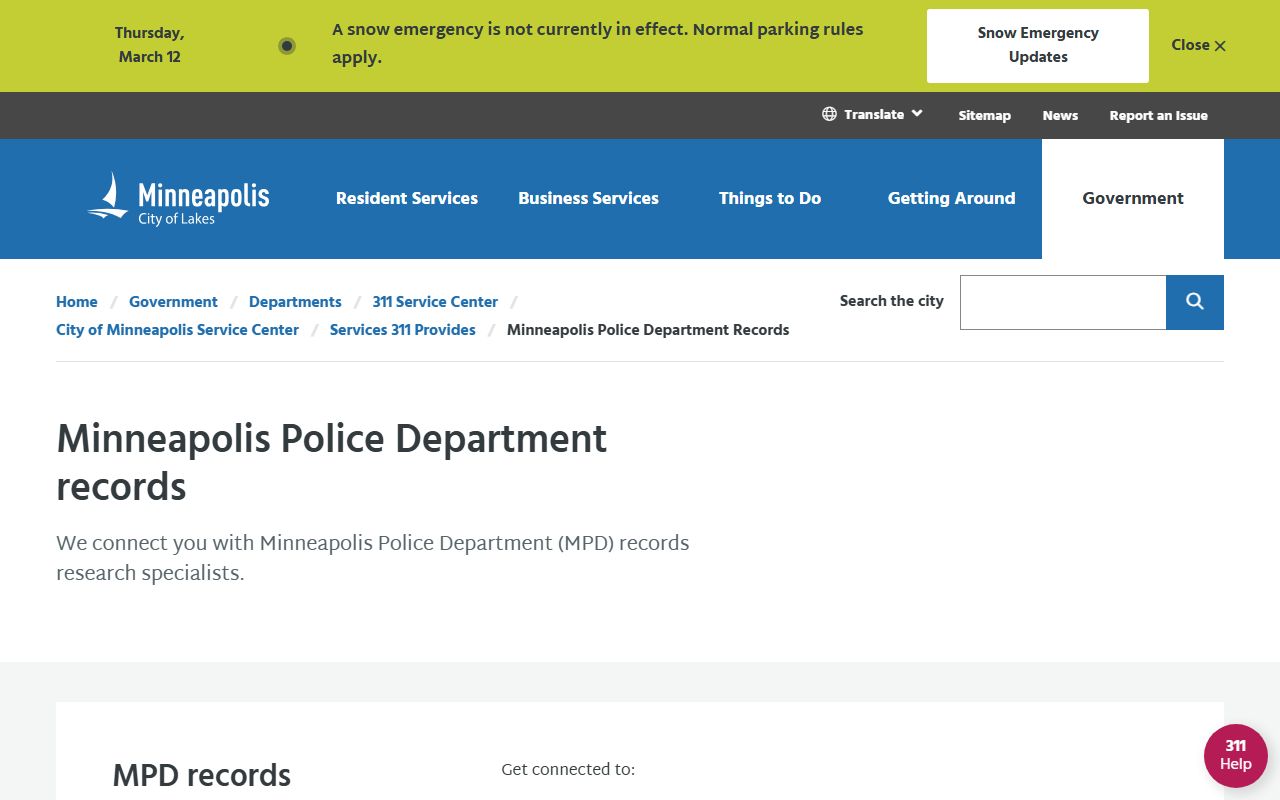 MPD Records service center page for Minneapolis arrest records