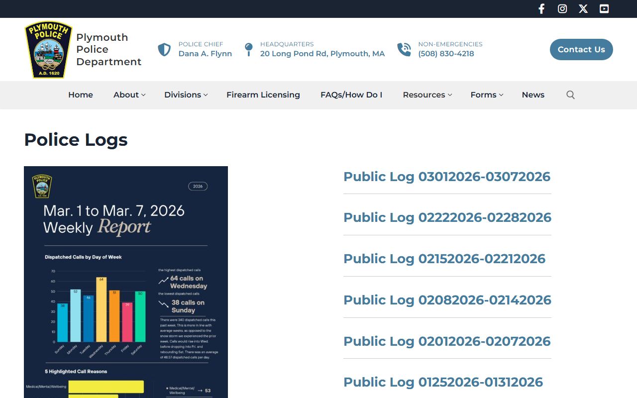 Plymouth Police Logs page showing recent arrests and incidents