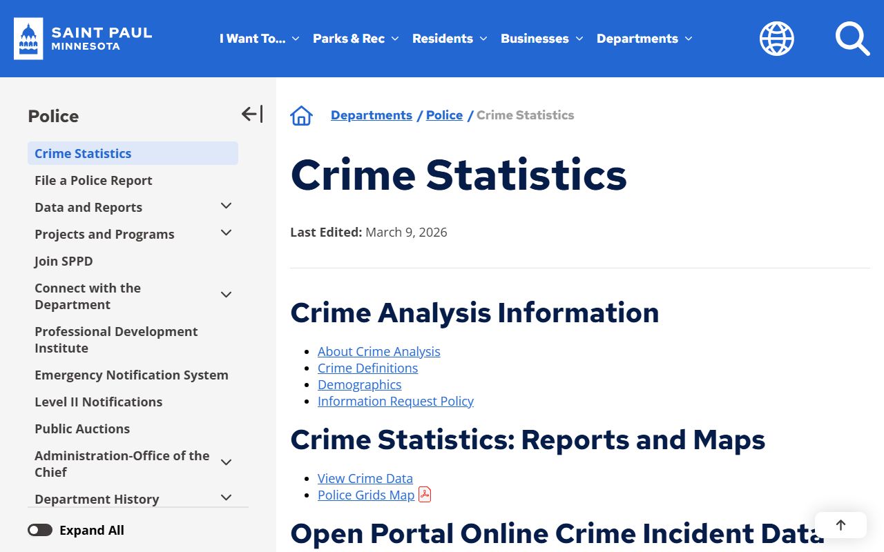 St. Paul Police crime statistics page for arrest data