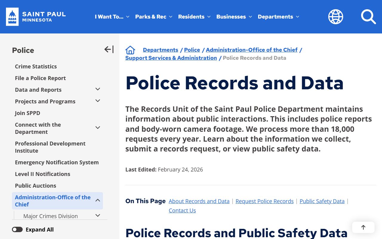 St. Paul police records and data page for arrest records requests