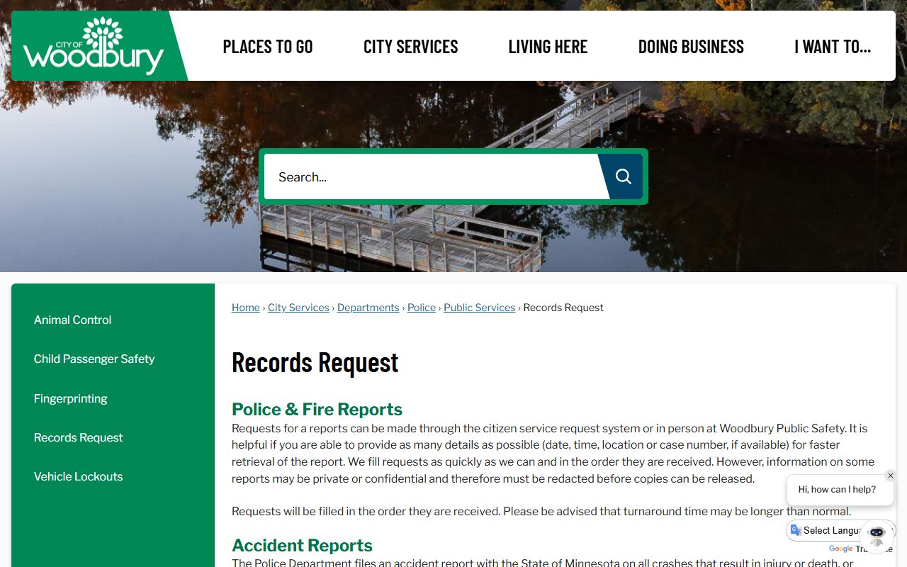 Woodbury records request page for police reports and arrest data