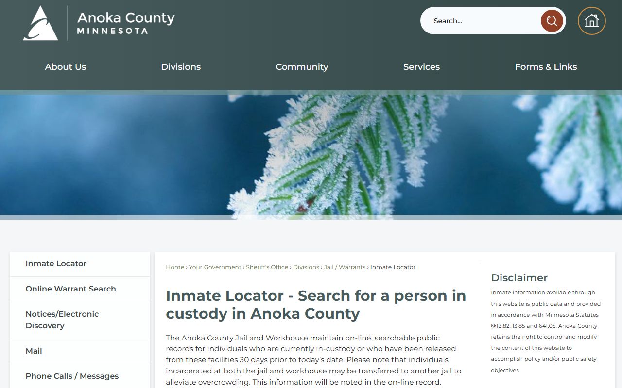 Anoka County inmate locator for searching arrest records