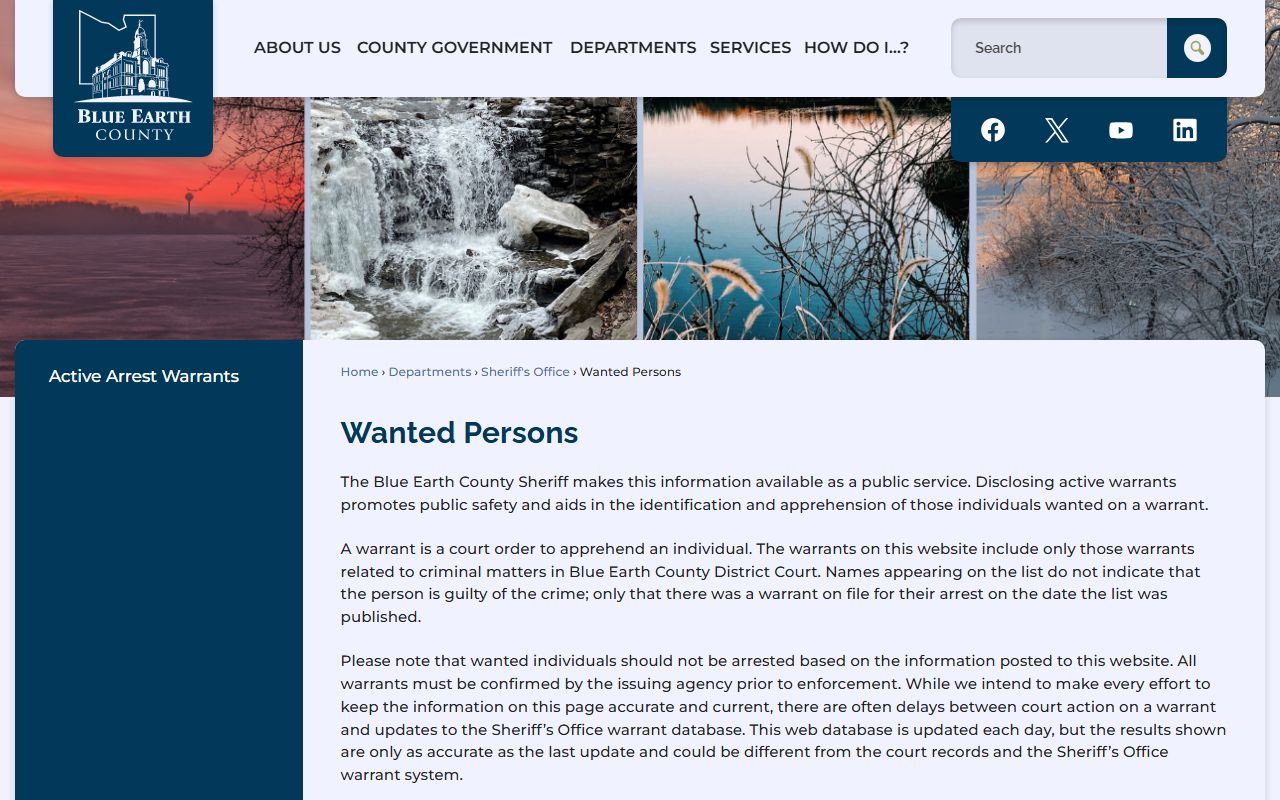 Blue Earth County wanted persons page listing individuals with active warrants