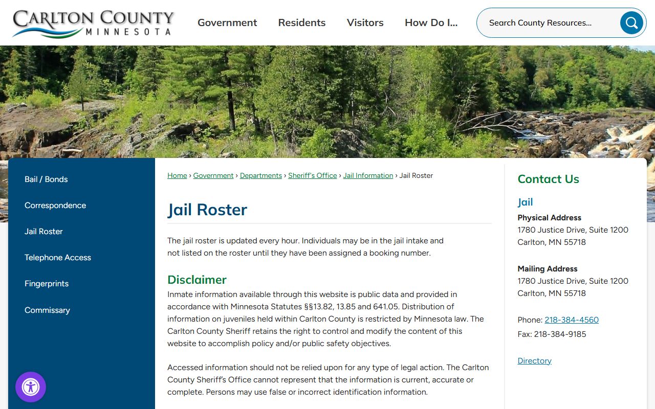 Carlton County jail roster showing current inmate arrest records updated hourly