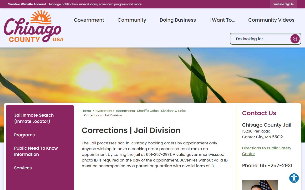 Chisago County Corrections and Jail Division page for arrest records and inmate search