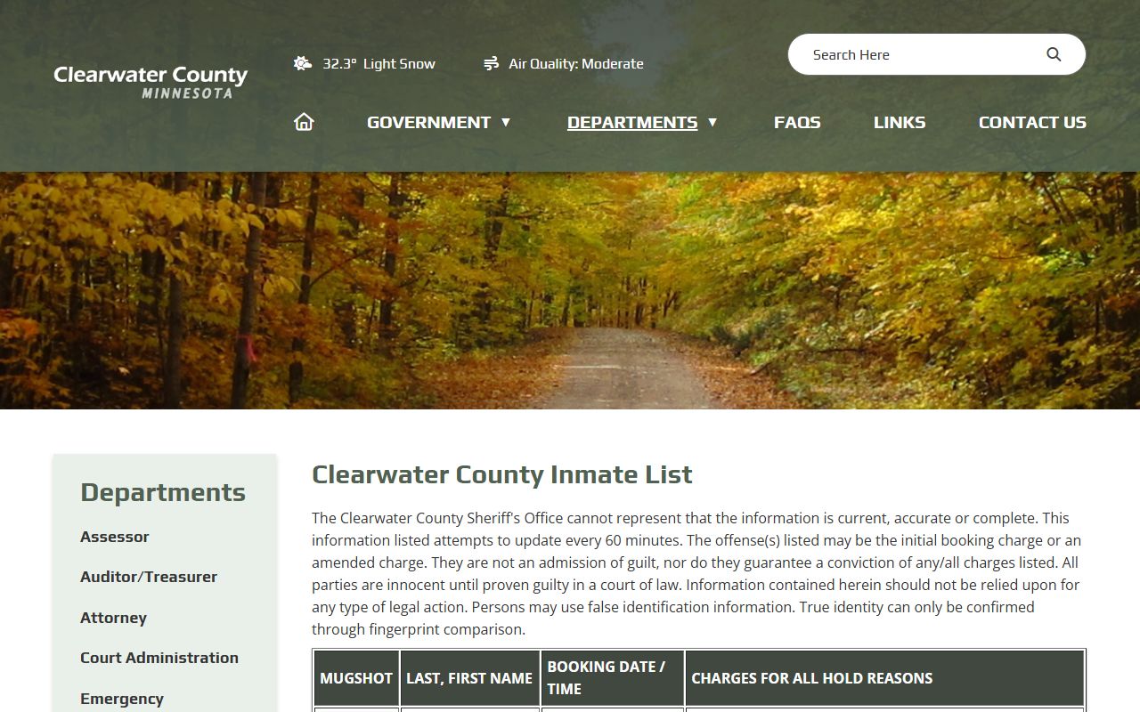 Clearwater County inmate list showing mugshots and booking records for arrest records search