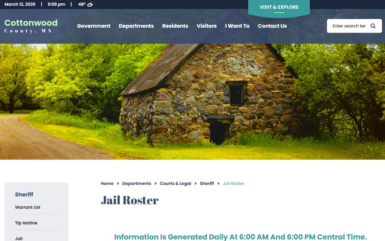 Cottonwood County jail roster showing current inmates and arrest records