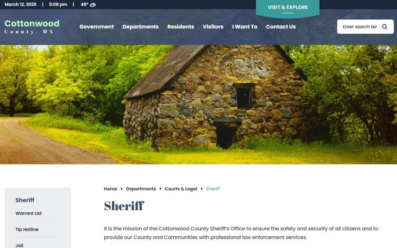 Cottonwood County Sheriff page showing contact and arrest records information