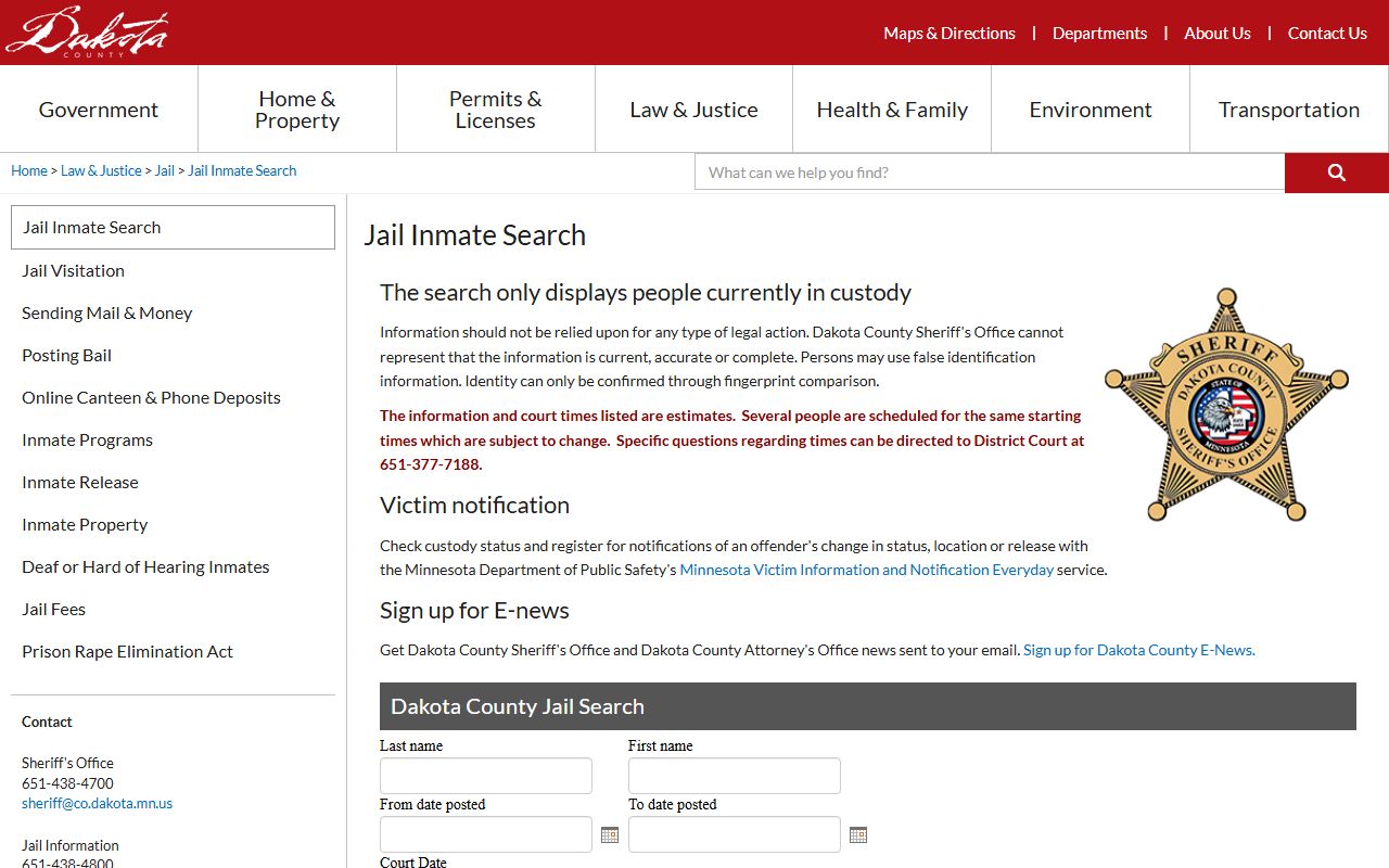Dakota County inmate search portal for finding current arrest records