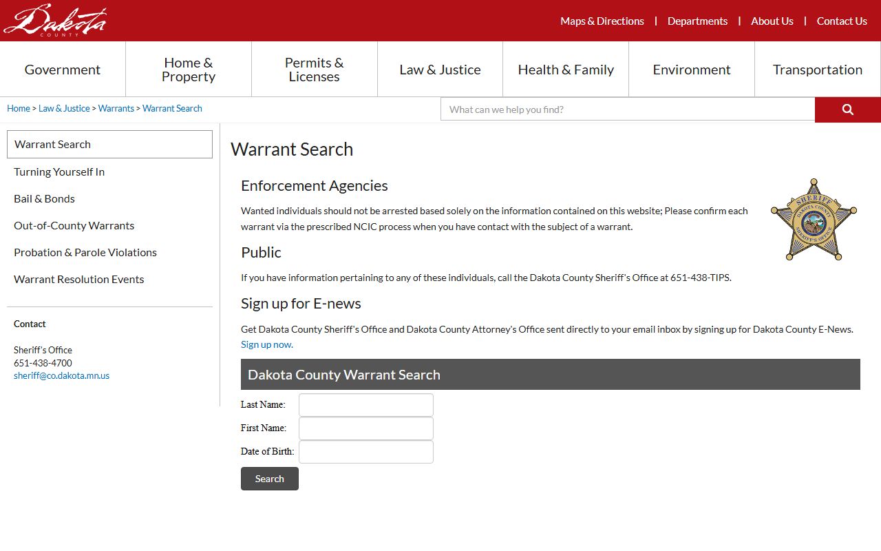 Dakota County warrant search page for checking active arrest warrants