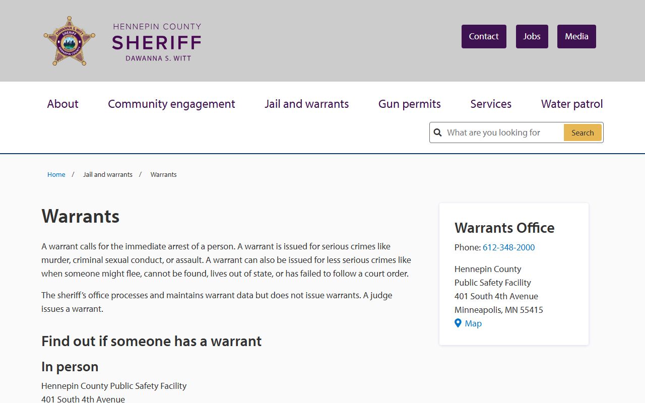 Hennepin County Sheriff warrant search page