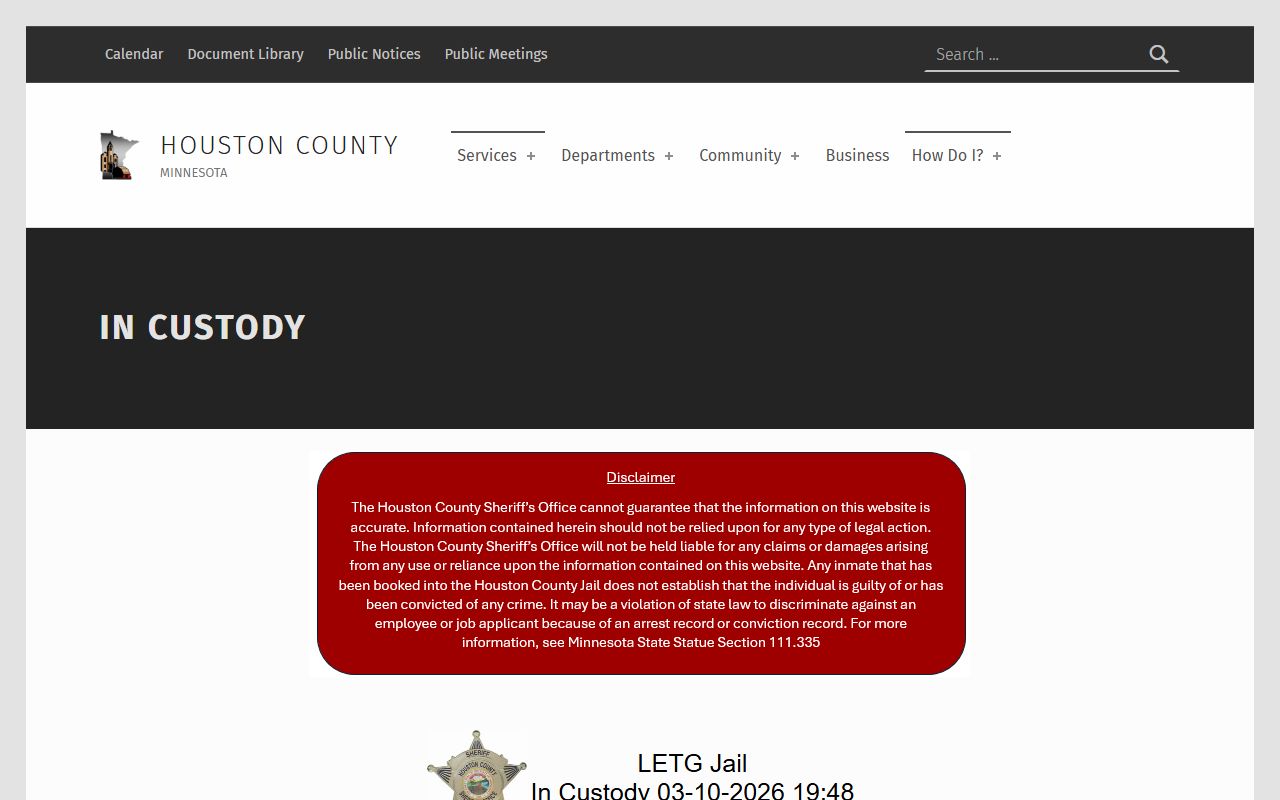 Houston County in-custody list for searching current jail inmates and arrest records