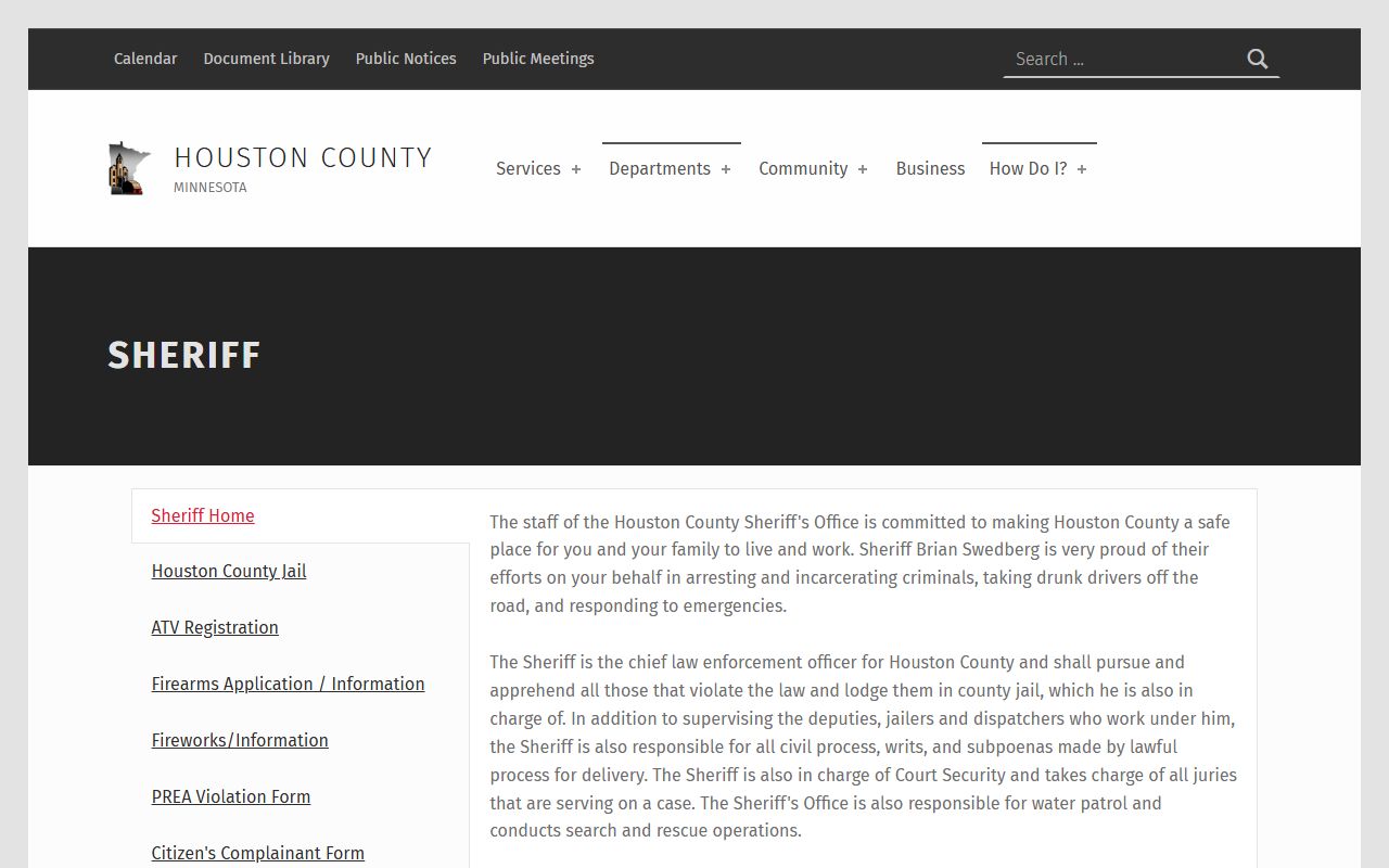 Houston County Sheriff's Office page with department services and contact information