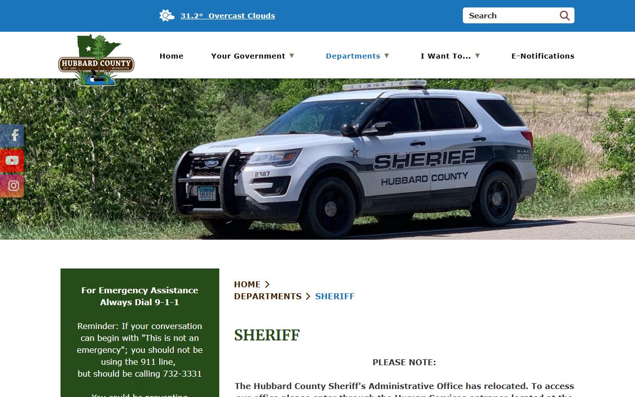 Hubbard County Sheriff's Office page with department services and contact options
