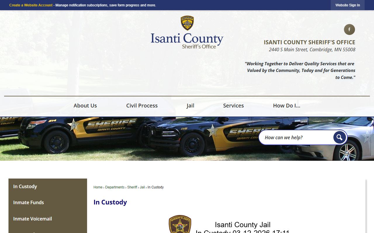 Isanti County in-custody list showing current jail inmates and arrest information