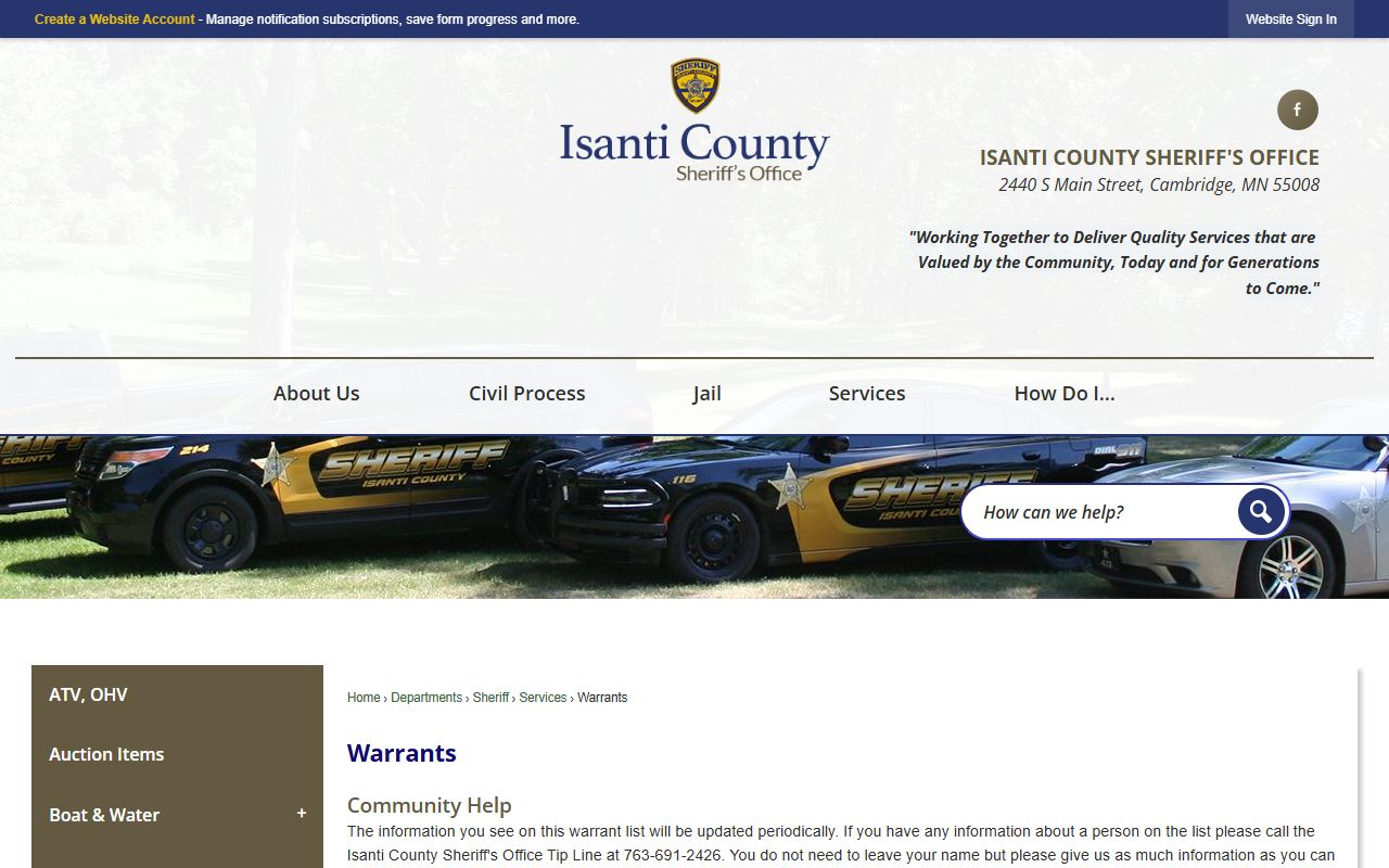 Isanti County warrant search page for checking active arrest warrants