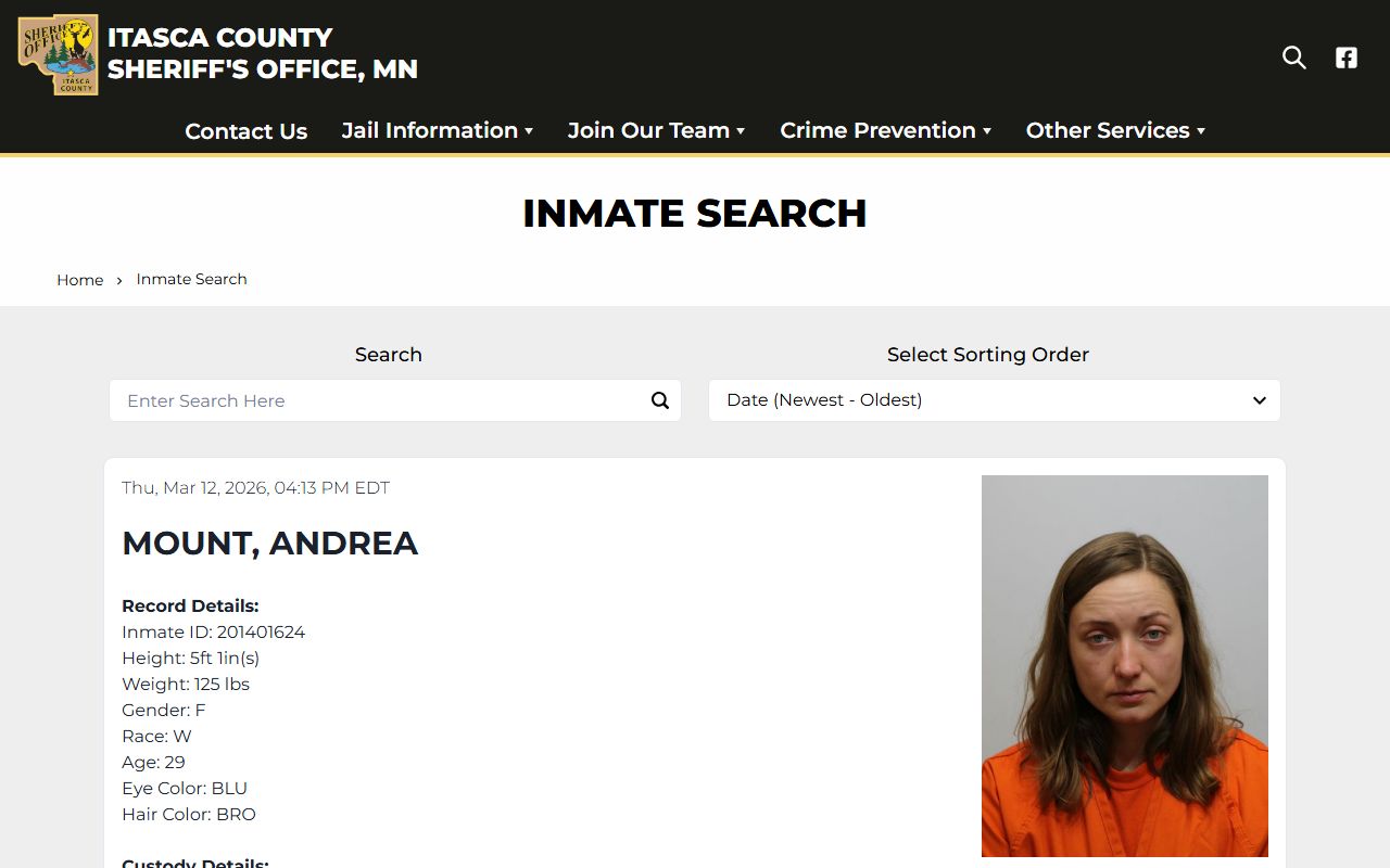 Itasca County Sheriff inmate search page for arrest record lookup