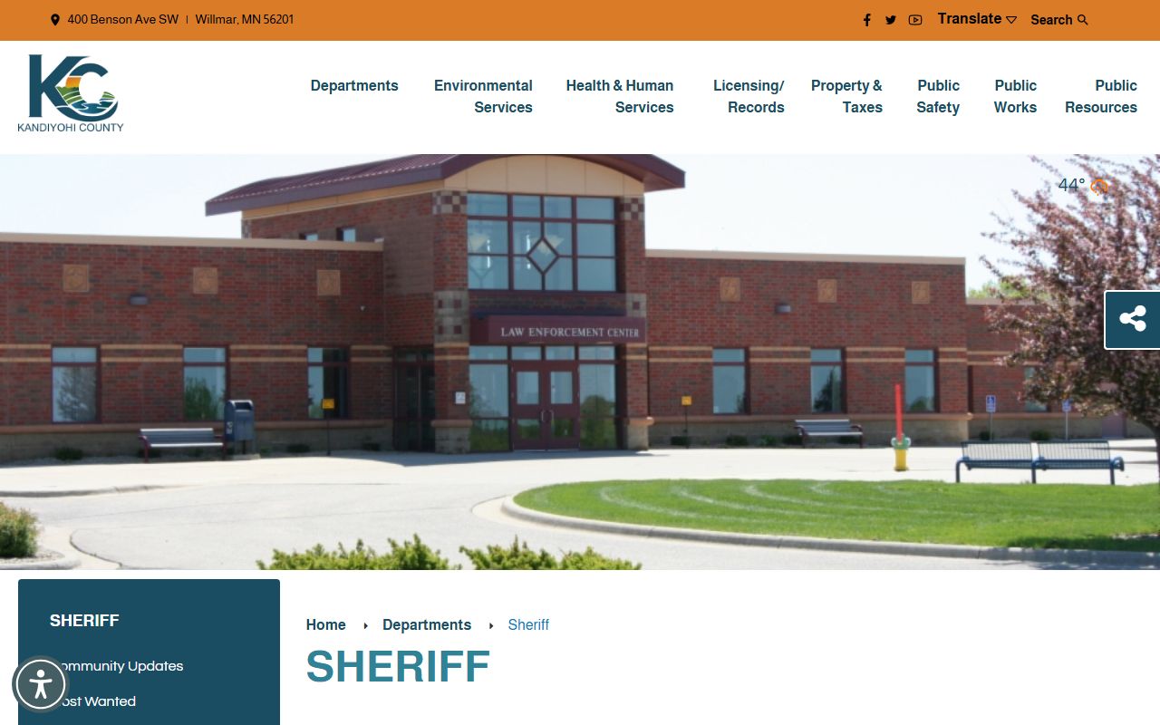 Kandiyohi County Sheriff's Office page with arrest record access