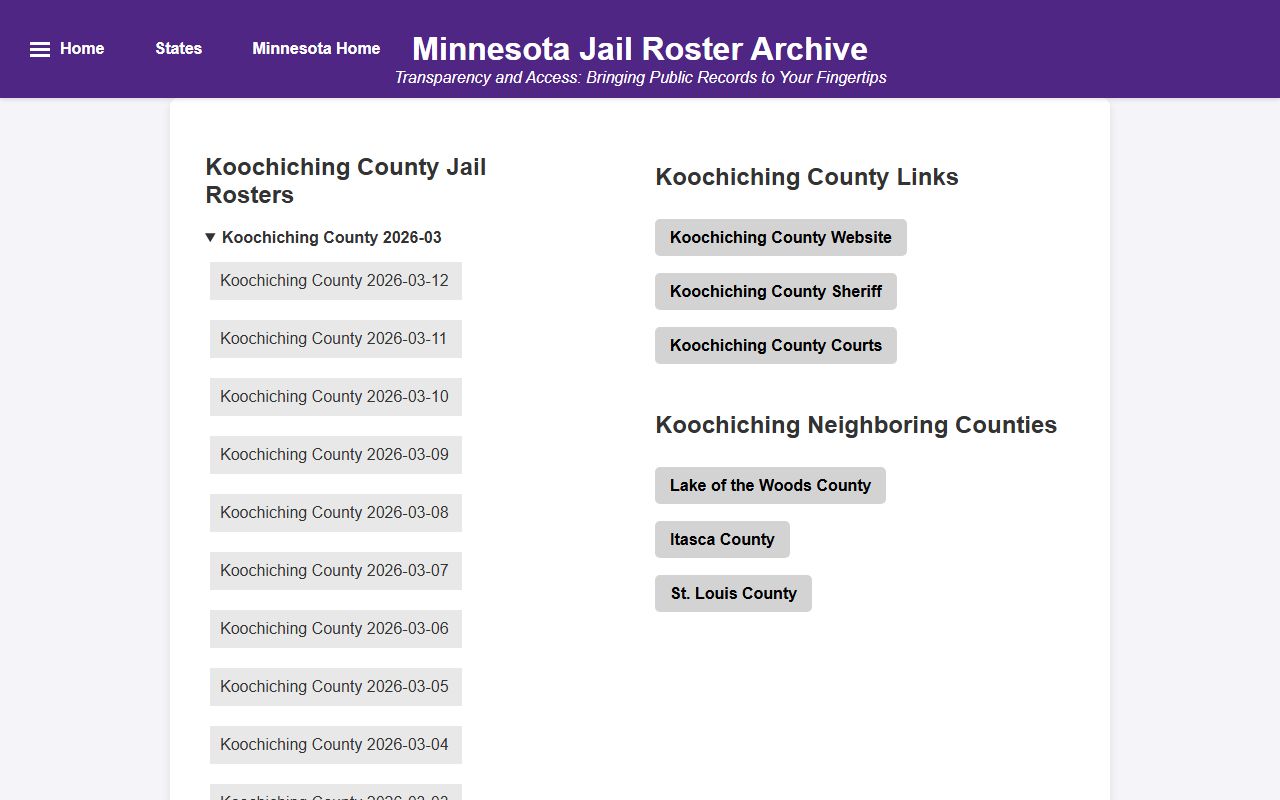Koochiching County jail roster mirror showing inmate booking data and arrest records