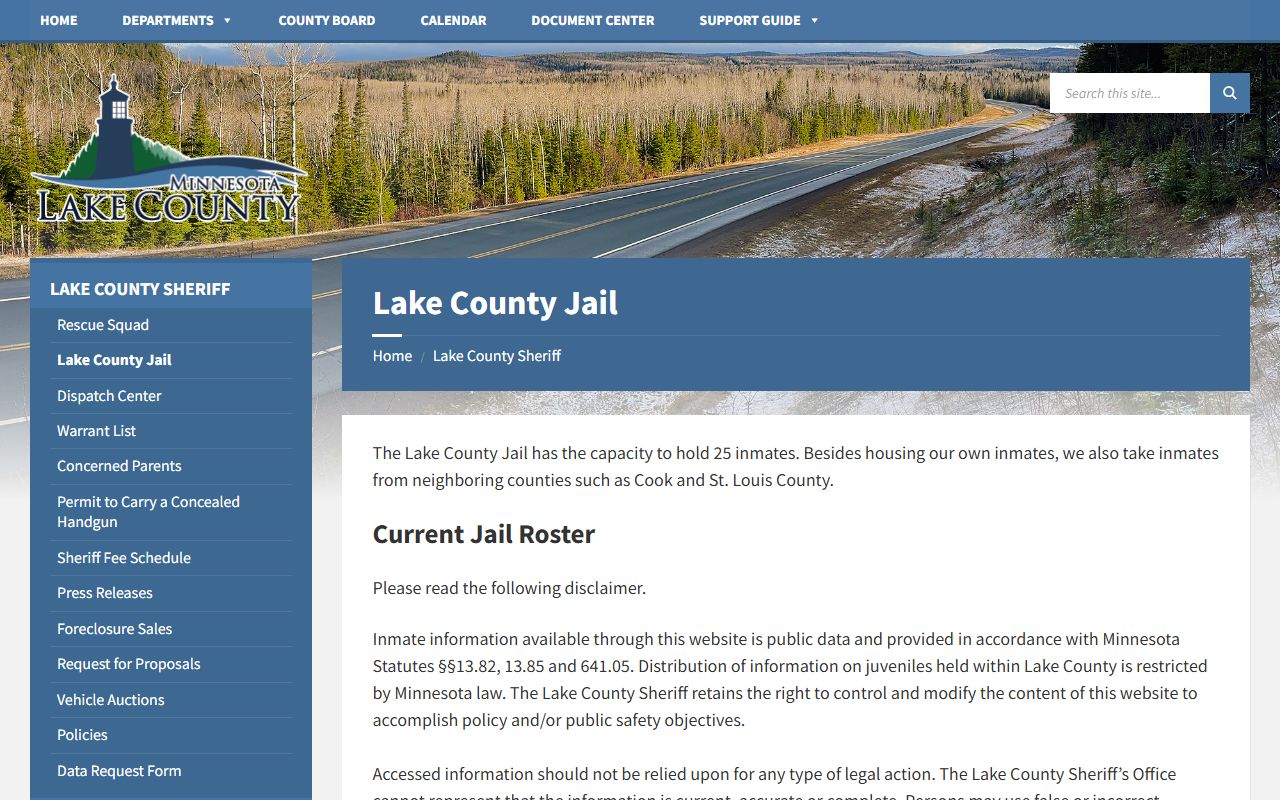 Lake County Jail page showing current inmate roster and booking information