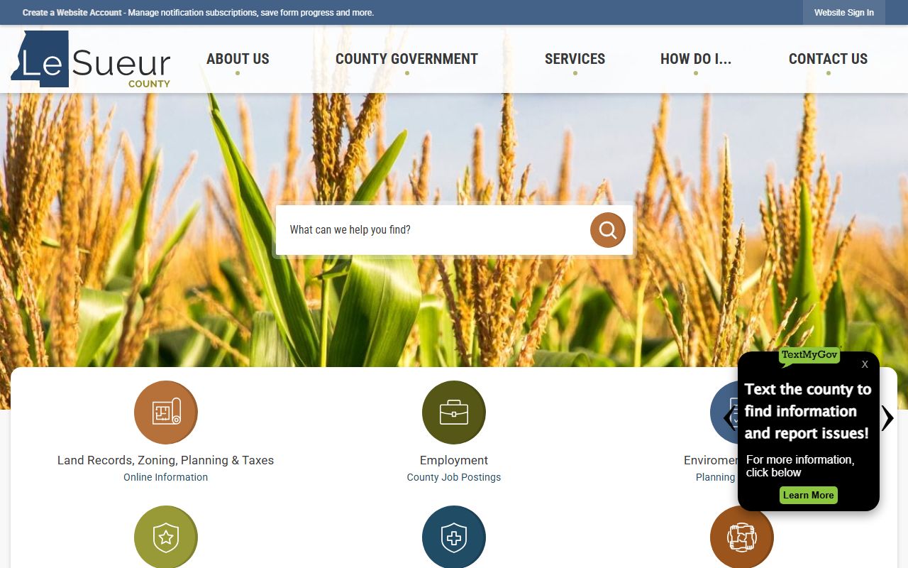 Le Sueur County main website showing sheriff and arrest records resources