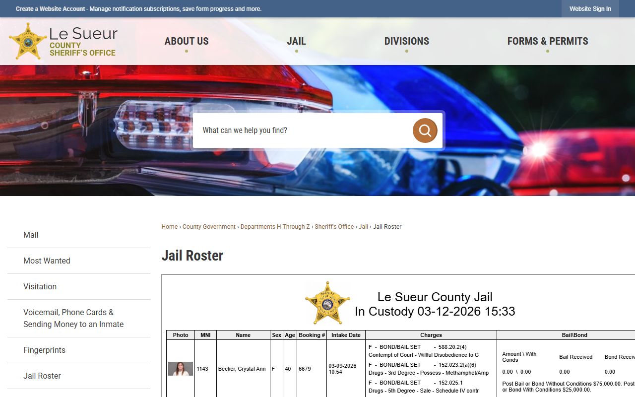 Le Sueur County jail roster showing current inmates and booking details