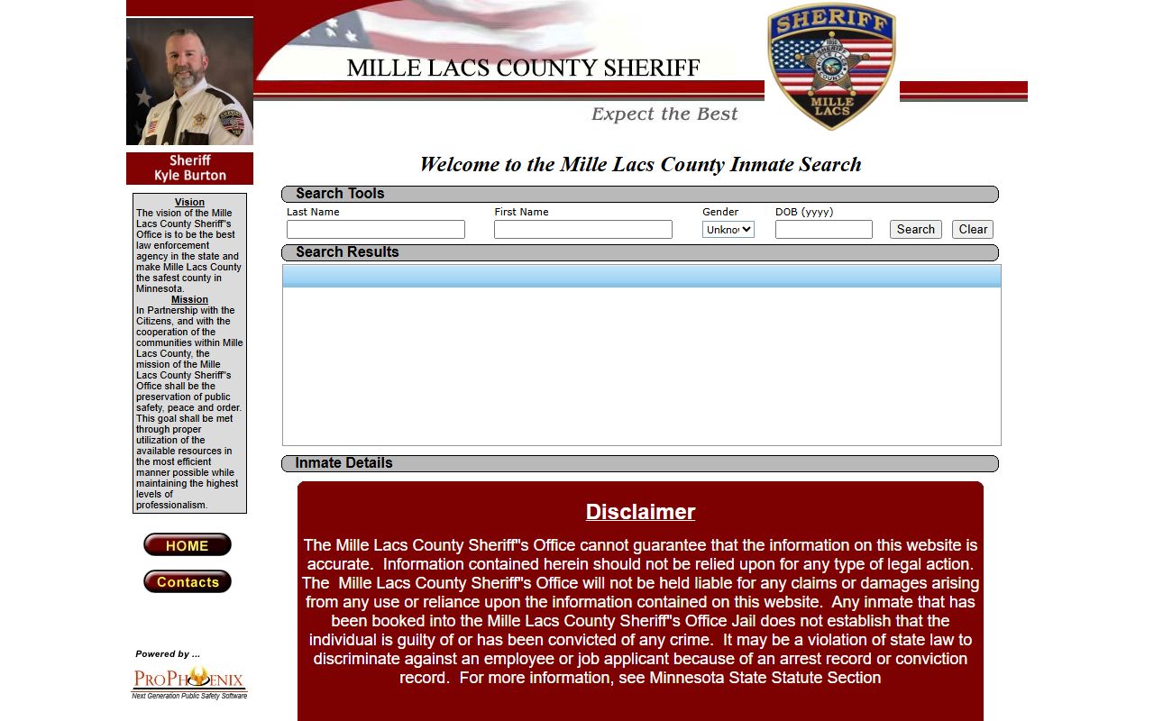 Mille Lacs County in-custody inmate locator showing current jail detainees