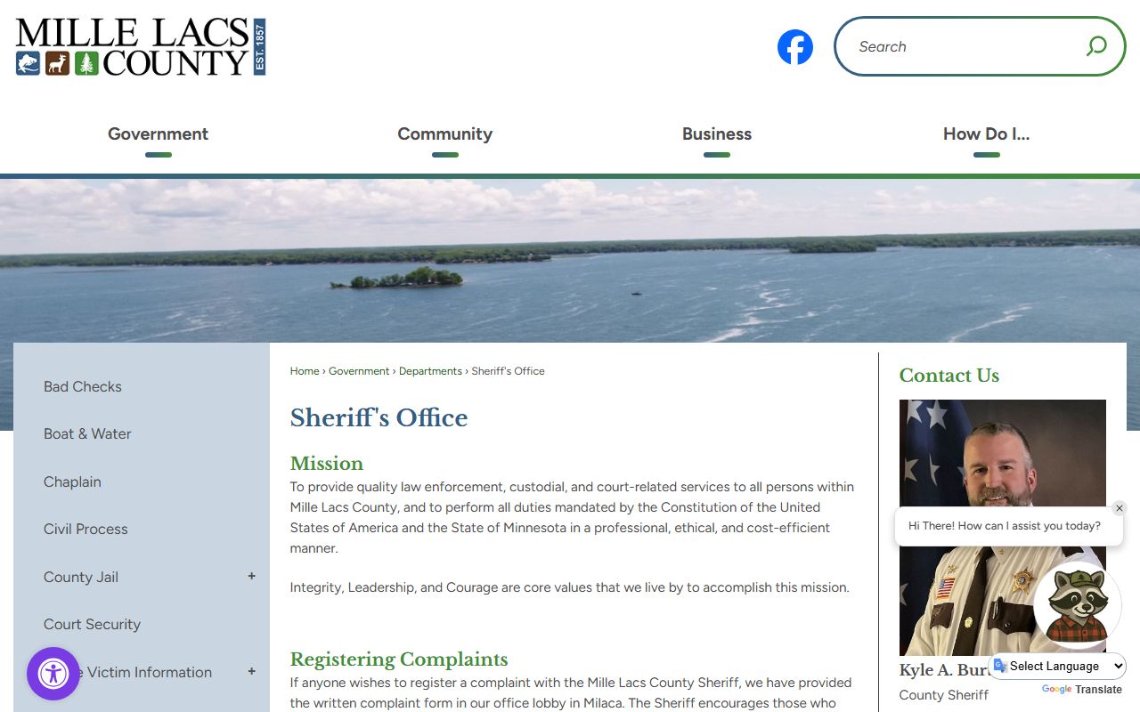 Mille Lacs County Sheriff's Office website showing arrest records resources in Milaca