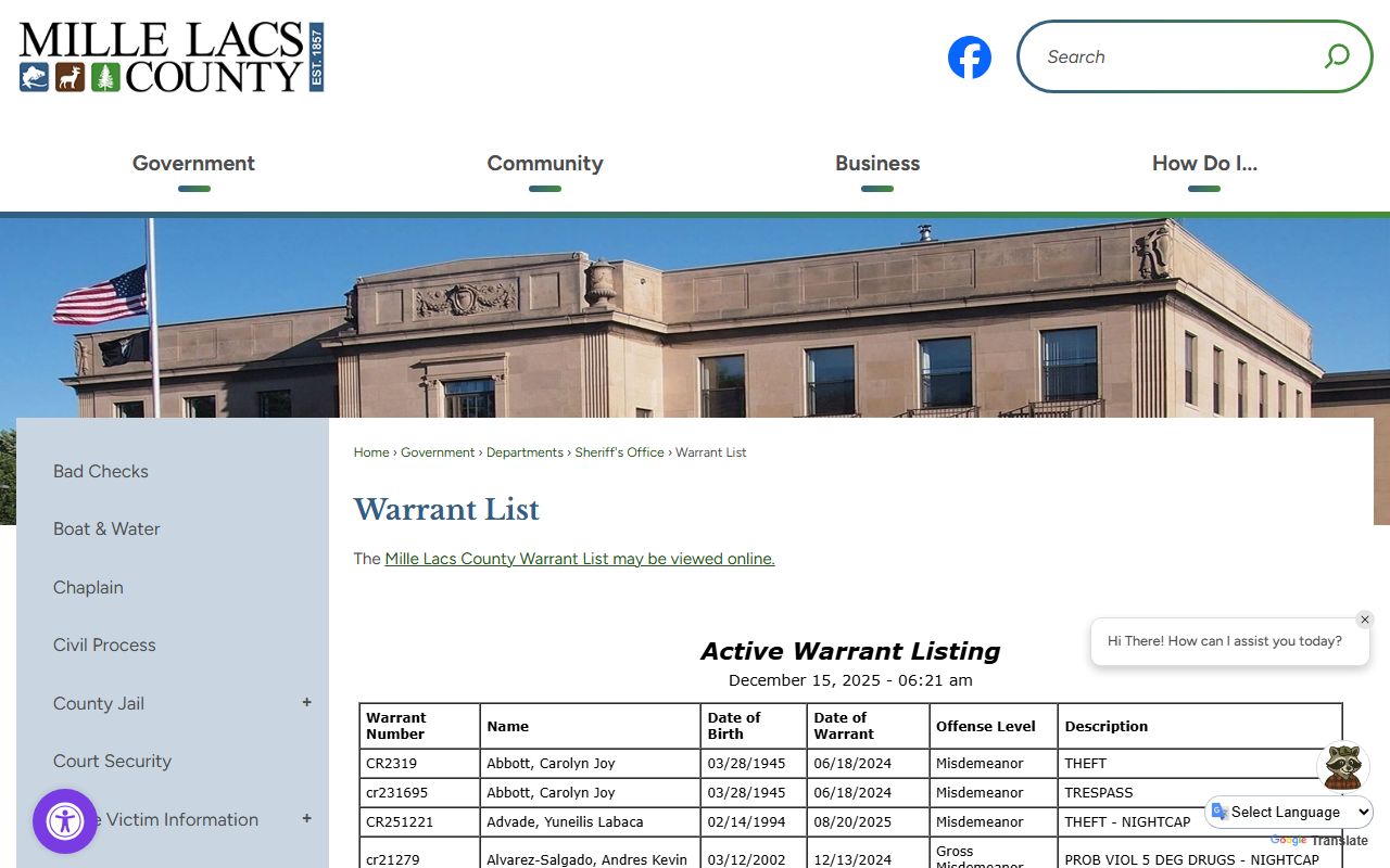 Mille Lacs County active warrant list showing outstanding warrants in Milaca Minnesota