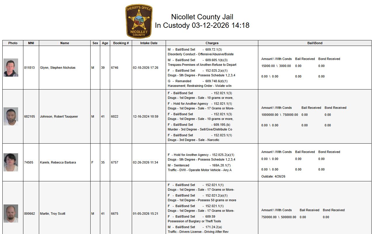 Nicollet County jail in-custody roster showing current inmates