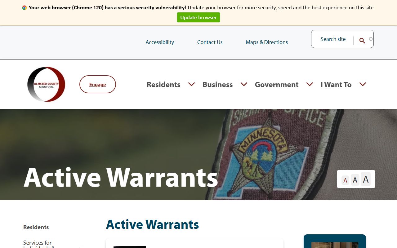 Olmsted County active warrant search page for looking up outstanding warrants
