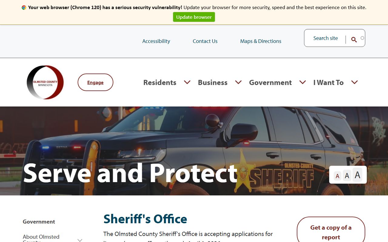 Olmsted County Sheriff's Office homepage with links to custody list and warrants