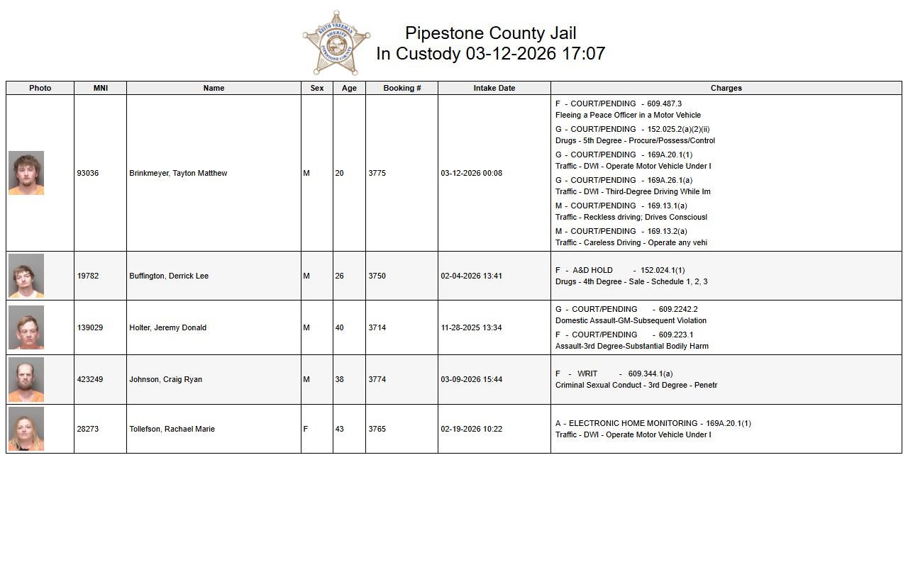 Pipestone County live jail inmate roster showing current detainees