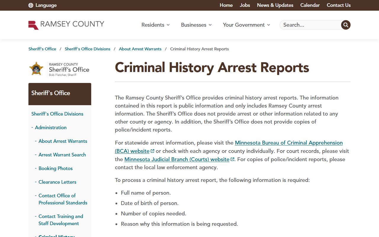 Ramsey County Sheriff criminal history arrest reports request page