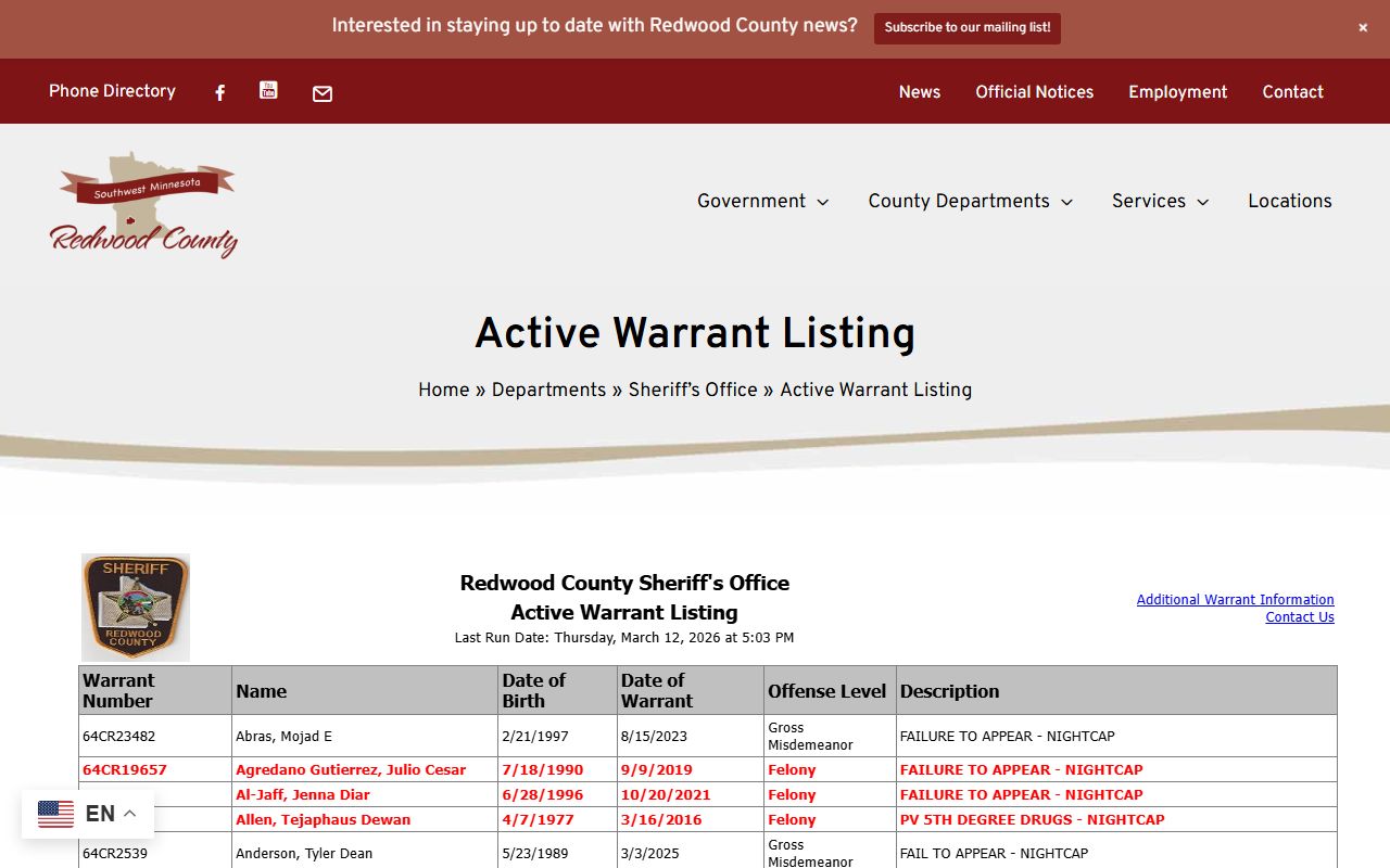 Redwood County Sheriff active warrant listing page