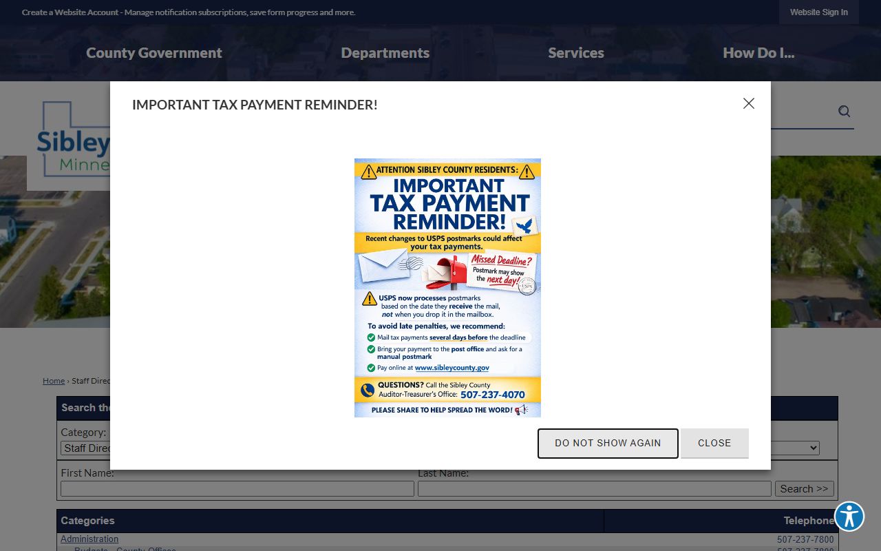 Sibley County staff directory showing Sheriff's Office contacts
