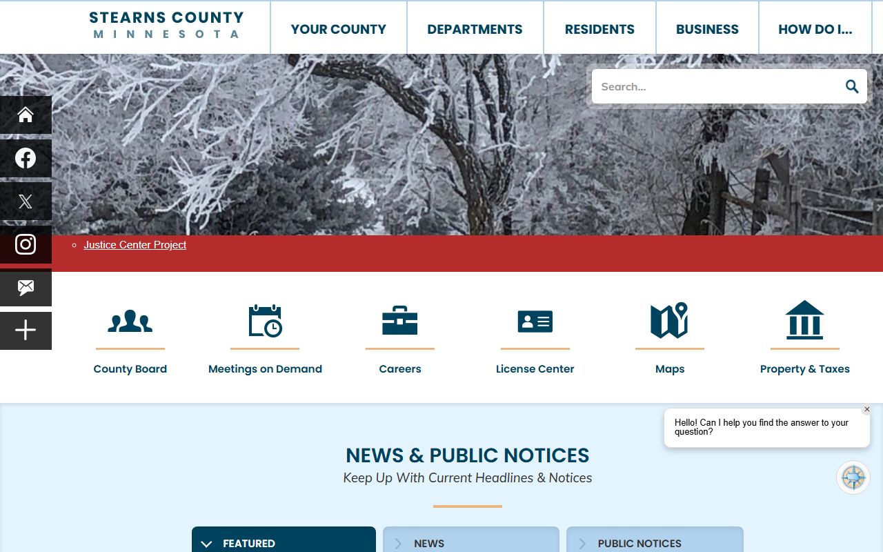 Stearns County main website with department links for arrest record searches