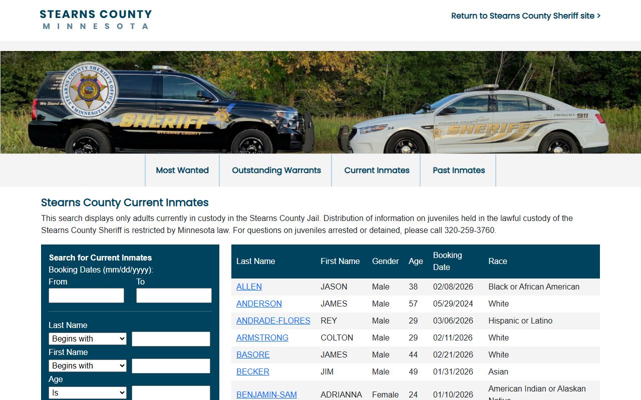 Stearns County current inmate search page for jail and arrest records
